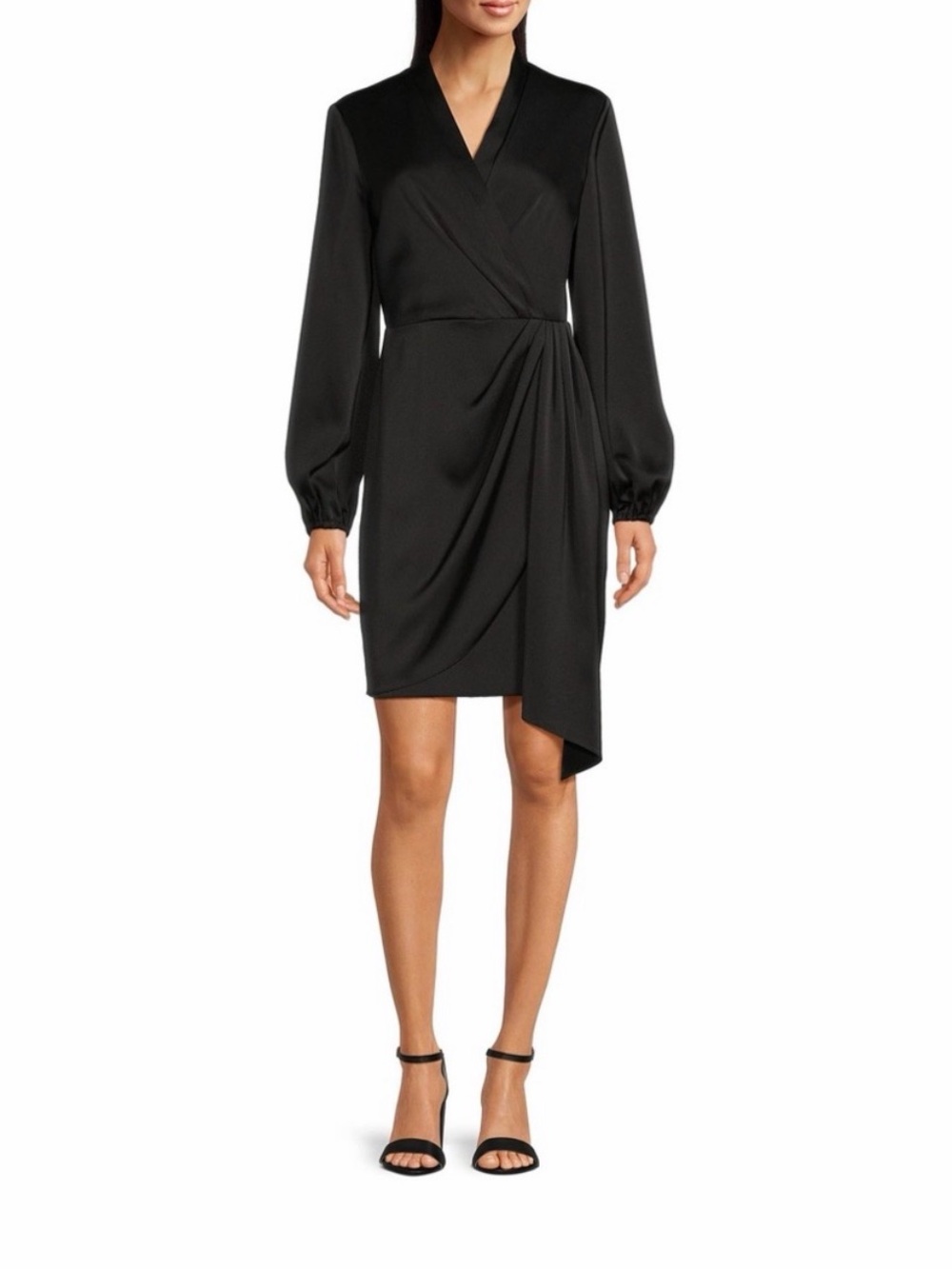 NWT Alex Marie Iris Black Satin Faux Wrap Dress Size 6